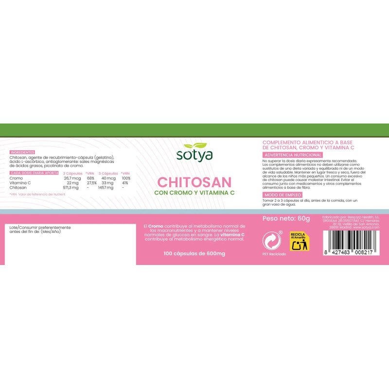 Chitosan 600mg 100 capsulas Sotya - Imagen 3