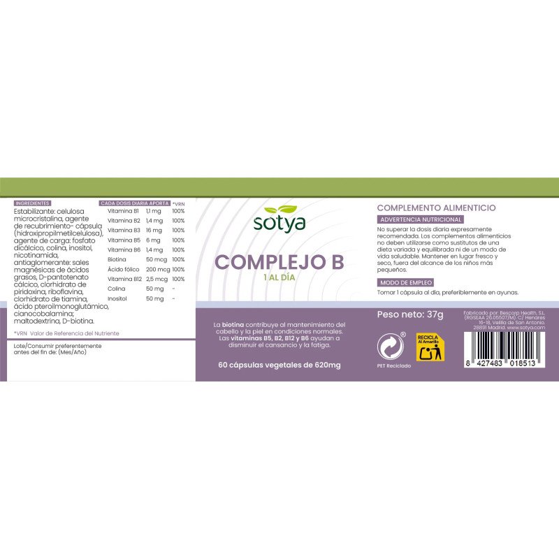Complejo B - Vitamina B 600mg 60 capsulas Sotya - Imagen 2