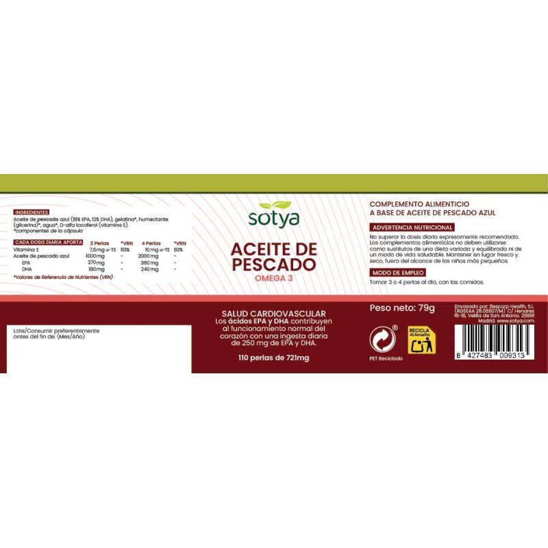 EPA Aceite de pescado Omega3 721mg 110 perlas Sotya - Imagen 3