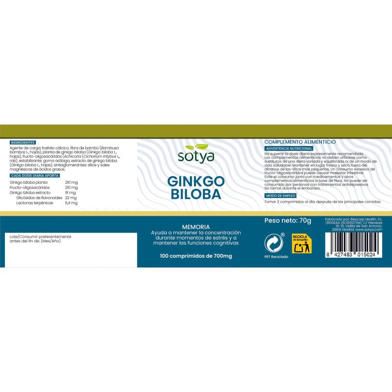 Ginkgo biloba 700mg 100 comprimidos Sotya - Imagen 4