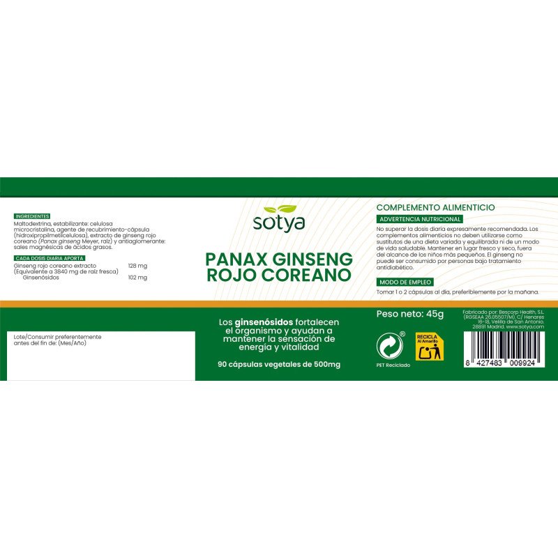 Panax Ginseng rojo coreano 500mg 90 capsulas Sotya - Imagen 4