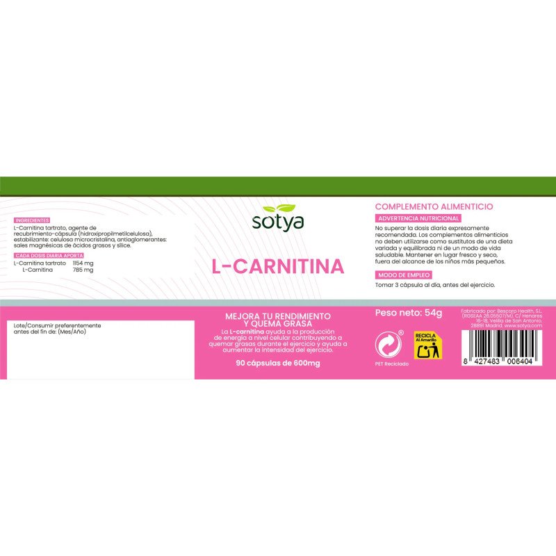L-carnitina 600mg 90 capsulas Sotya - Imagen 4
