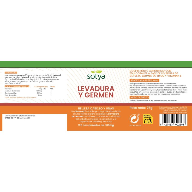 Levadura de cerveza y germen de trigo 600 mg 125 comprimidos Sotya - Imagen 4