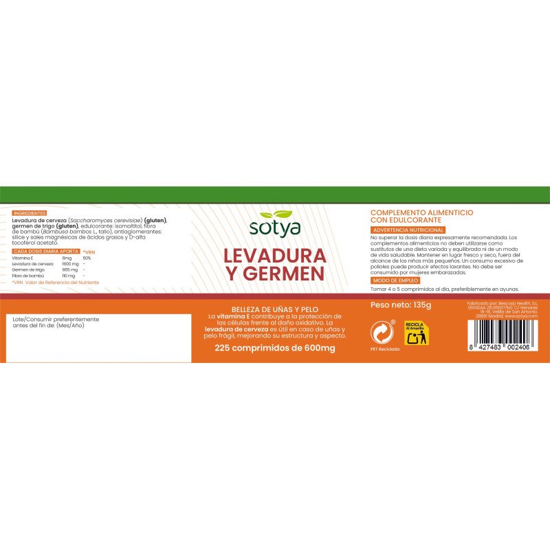 Levadura de cerveza y germen de trigo 600mg 225 comprimidos Sotya - Imagen 4