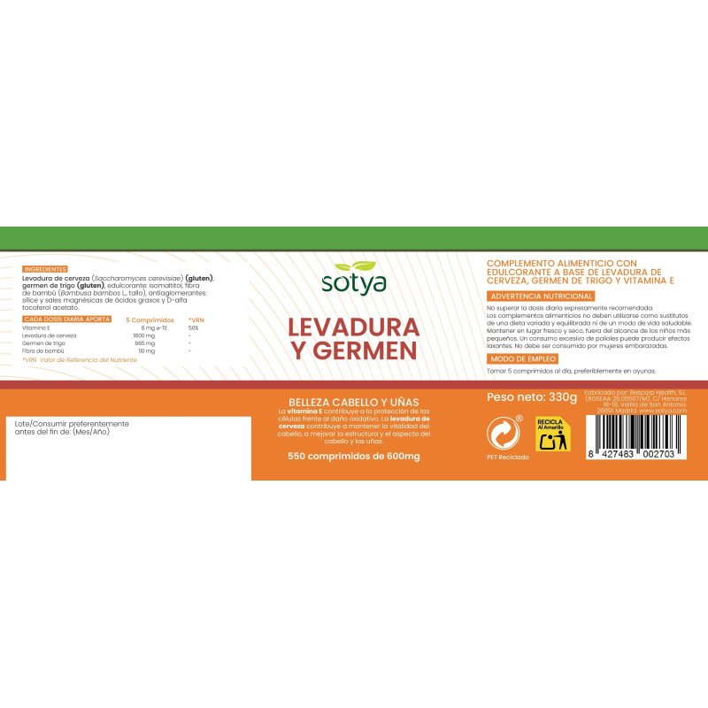 Levadura de cerveza y germen de trigo 600mg 550 comprimidos Sotya - Imagen 4