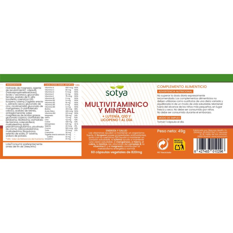 Multivitaminico y mineral 820mg 60 capsulas Sotya - Imagen 4