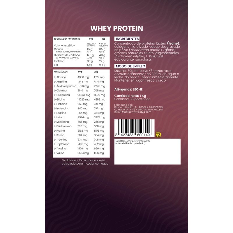 Proteina Whey de suero de leche chocolate Doypack 1 kg Sotya SPORT - Imagen 4